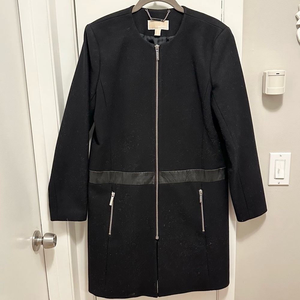 Michael Kors Black Wool Blend Coat Women’s L Pockets Faux Leather Collarless